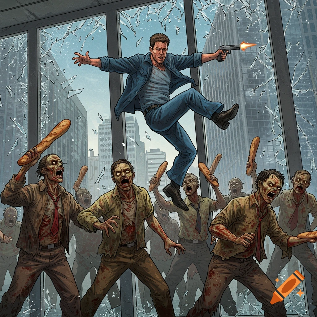 Painting of a man jumping through broken glass, shooting a gun, while surrounded by zombies holding baguettes.