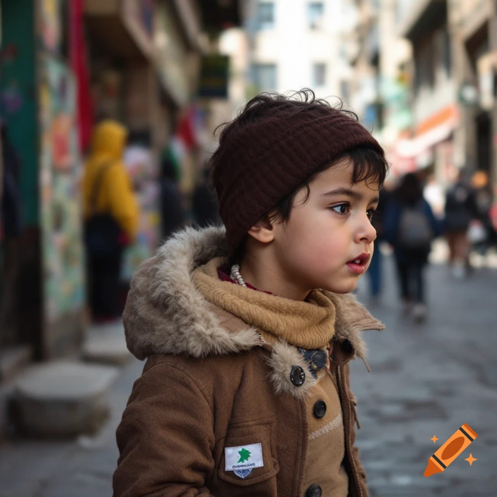 A young boy in a brown jacket and hat stands in a bustling street.