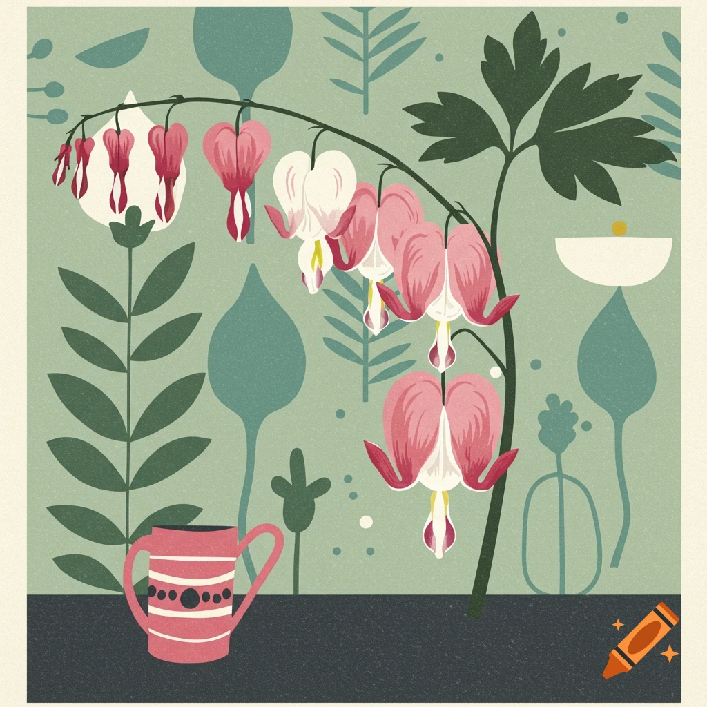 Mid-century modern illustration of a bleeding heart flower and a pink striped mug