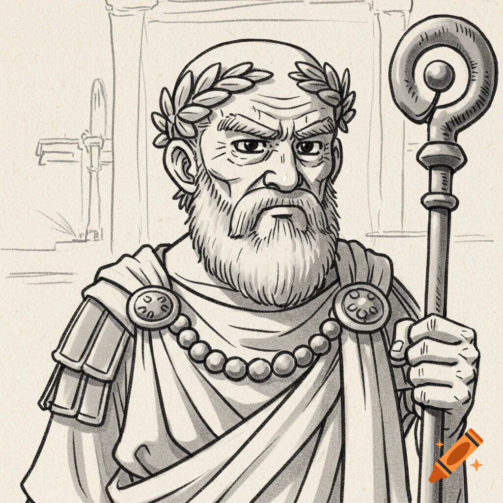 Black and white sketch of an elderly Roman Emperor with a staff.