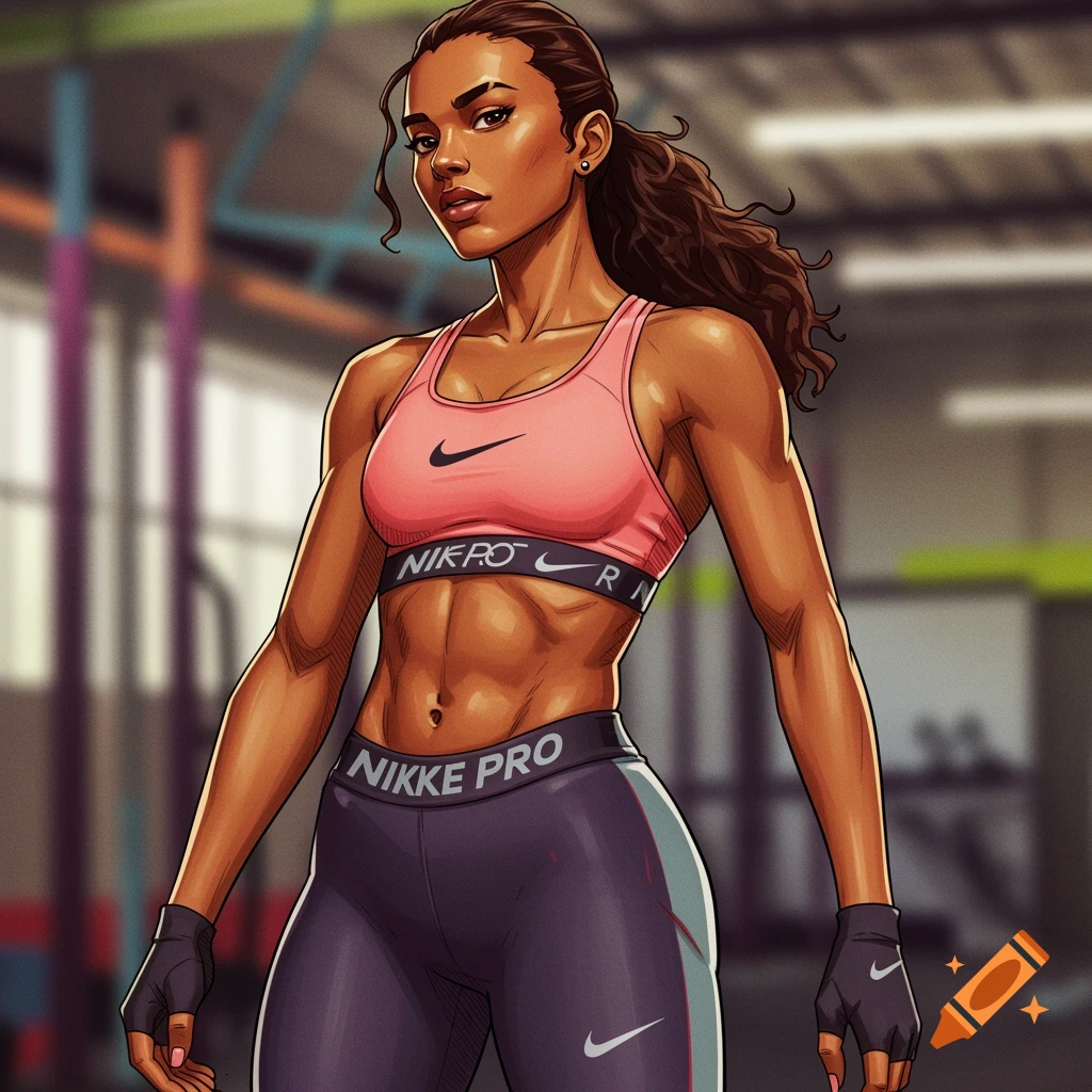 Comic book style image of a fit woman in sports bra and leggings in a gym.