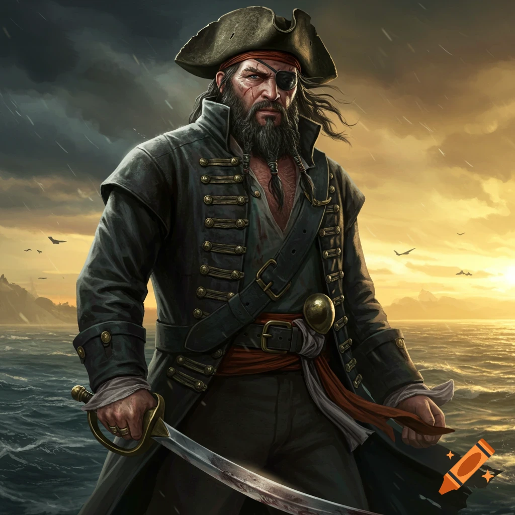 A bearded pirate with an eyepatch holds a sword on a stormy sea at sunset.