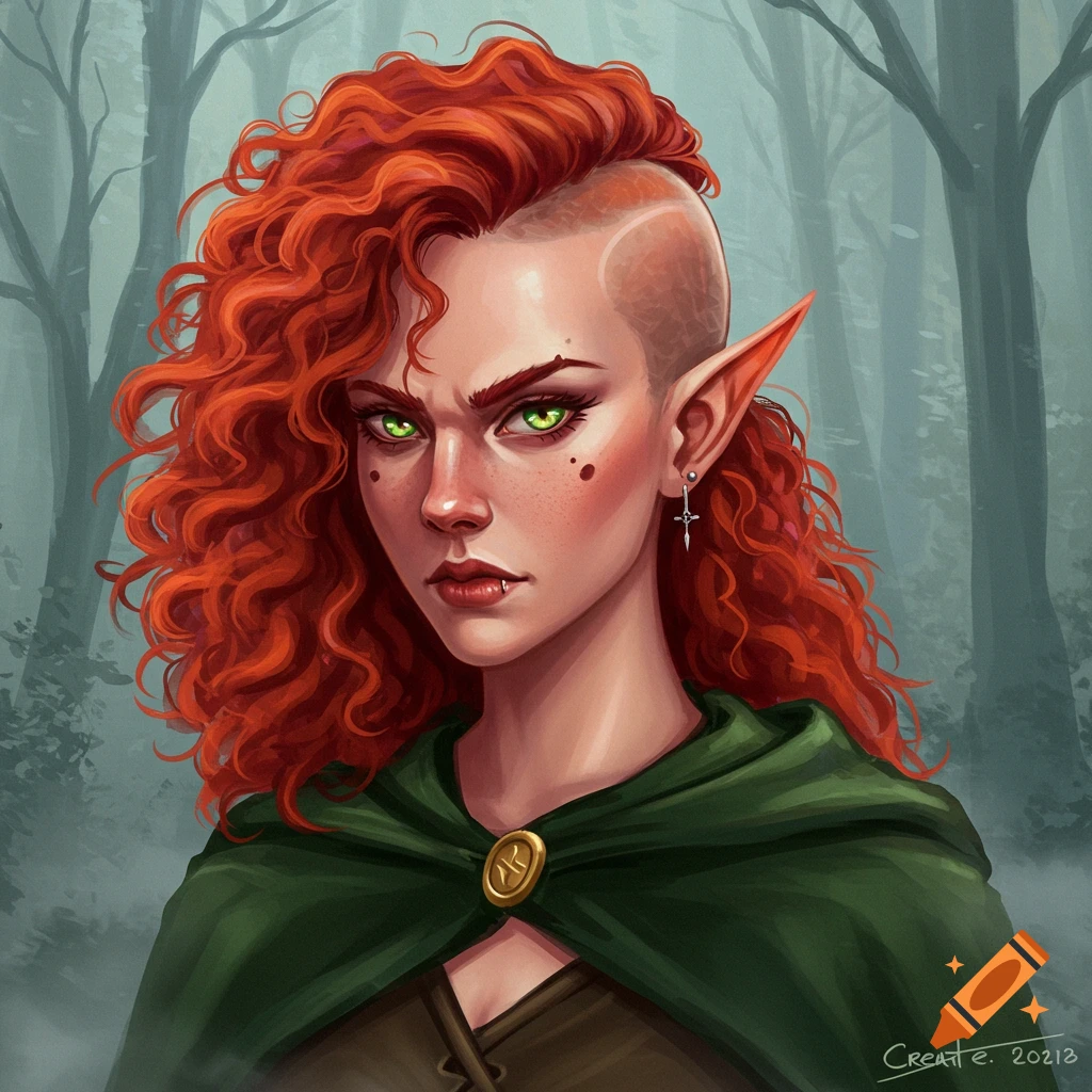 Portrait of a red-haired elf woman with a shaved head, green eyes, wearing a green cloak in a misty forest.