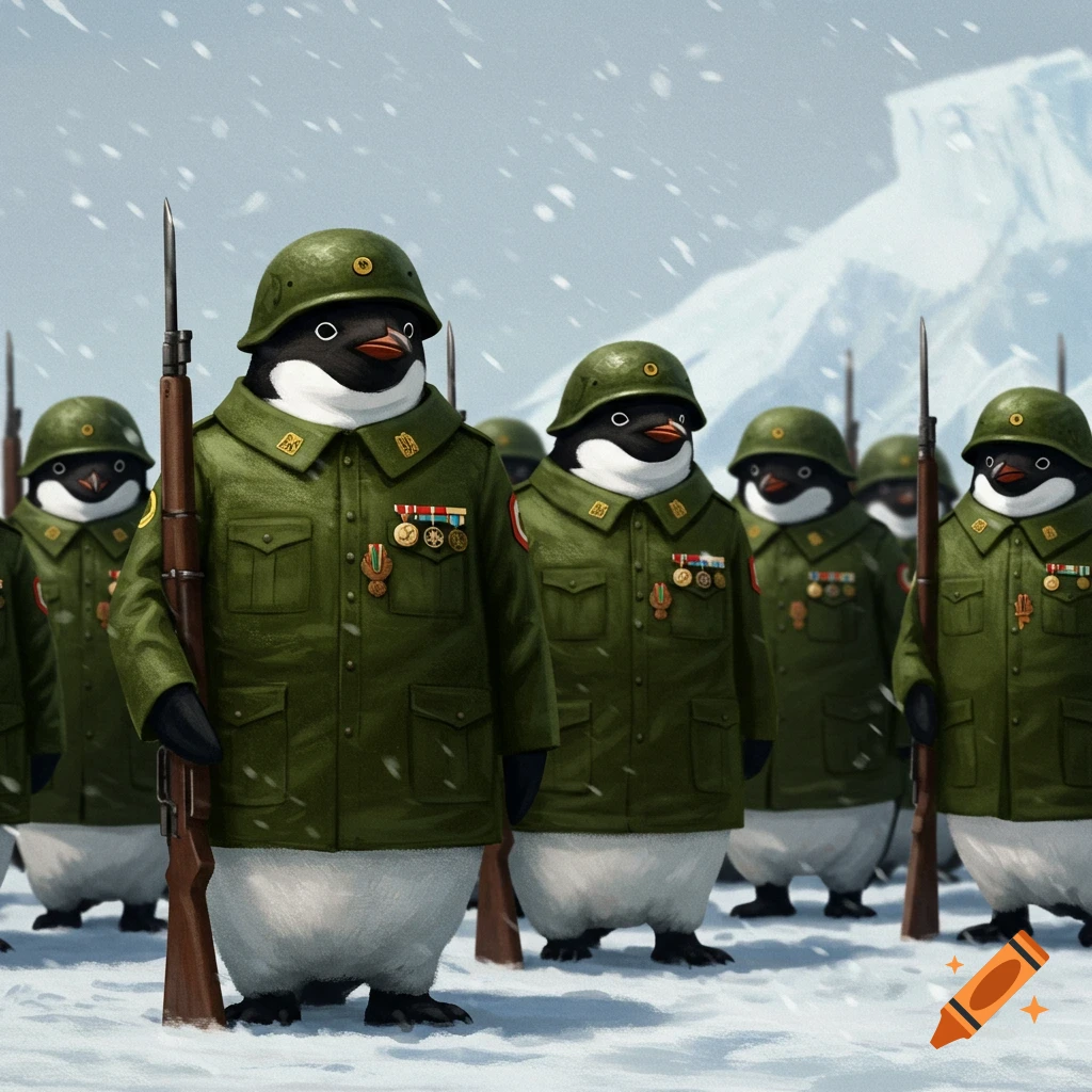 A group of penguins stand in the snow wearing military uniforms and helmets, holding rifles.