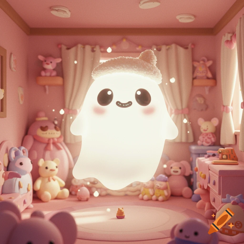 A cute glowing ghost floats in a pink room surrounded by stuffed animals.