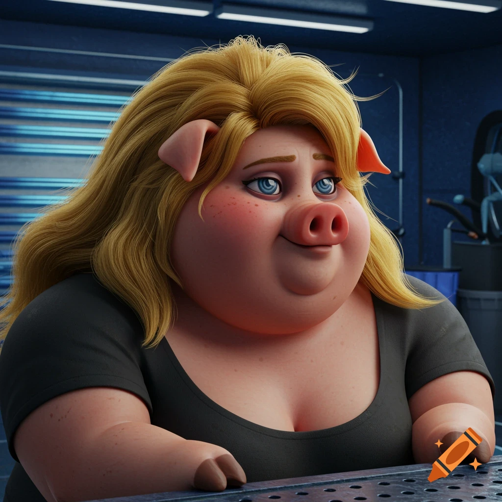 3D cartoon humanoid pig with blonde hair and black shirt in a garage.