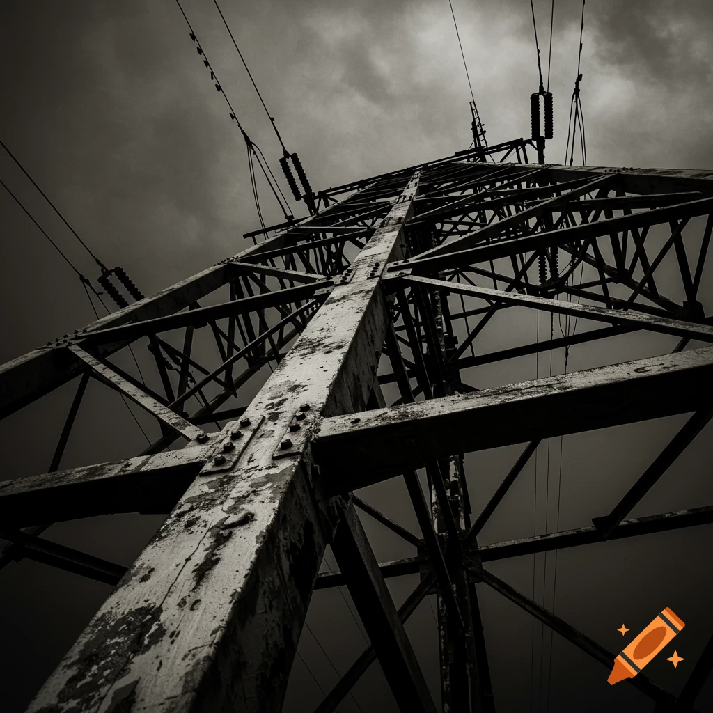 Low angle black and white photo of a metal power pylon structure against a cloudy sky.