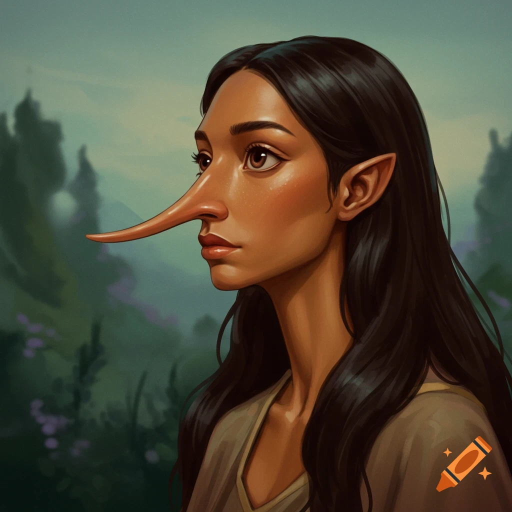 A woman with a long nose and elf ears is in a fantasy landscape