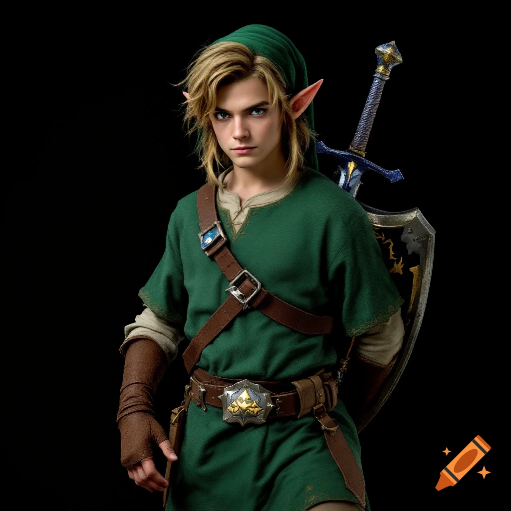 Photorealistic portrait of a young man dressed as Link from the Legend of Zelda, with pointed ears, green tunic, sword and shield.