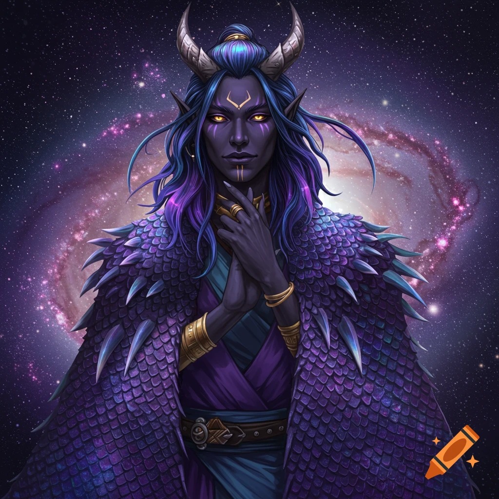 A fantasy character with horns, purple skin, blue and purple hair, wearing a scaly purple cape against a galaxy background.