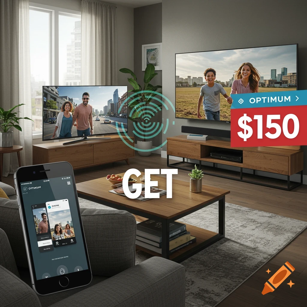 A living room with TVs displaying people and cityscapes, furniture, and a phone, overlaid with text 'OPTIMUM > $150' and 'GET'.