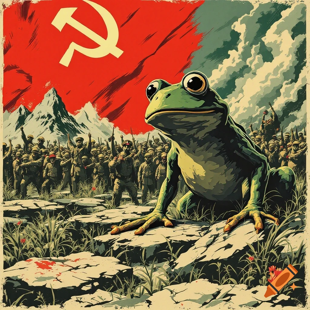 A large green frog in the foreground of a propaganda poster. Behind it is a crowd of soldiers under a large red flag with a hammer and sickle symbol.