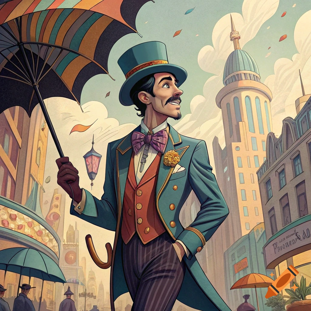 A stylized illustration of a dandy in a top hat holding an umbrella on a city street.