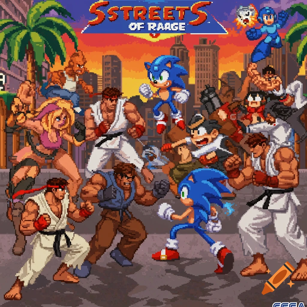 Pixel art crossover of classic video game characters fighting in a street scene.