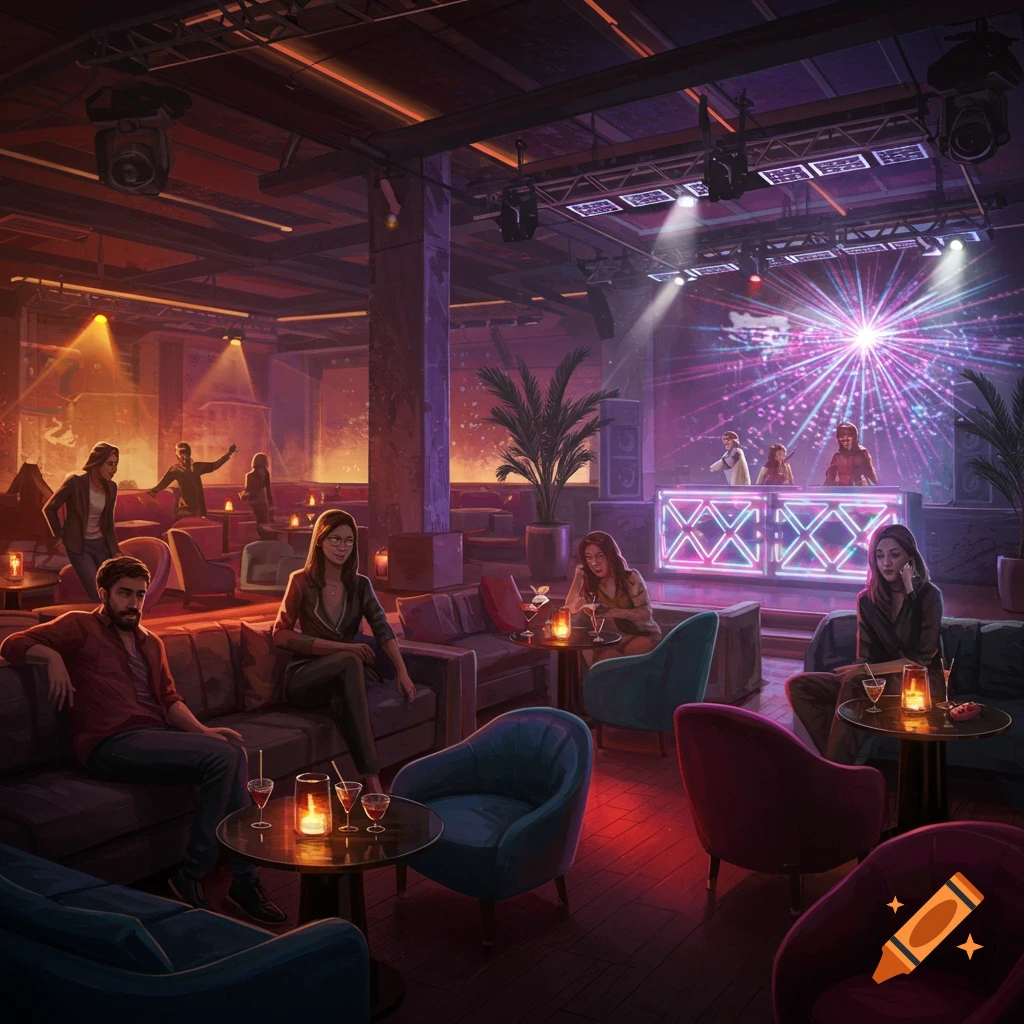 People relaxing in a lounge club with a glowing DJ booth.