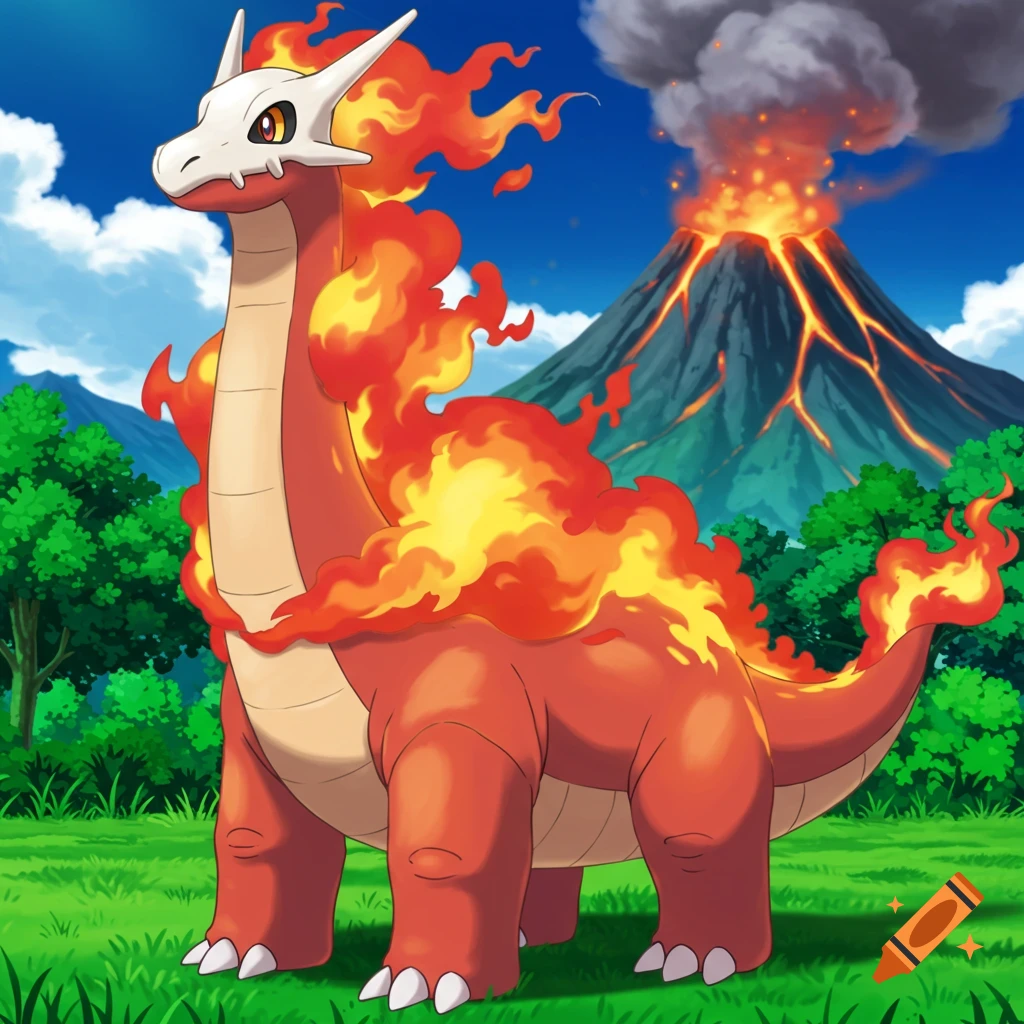 A fire and dragon type dinosaur creature in Pokemon style, standing in a field with an erupting volcano