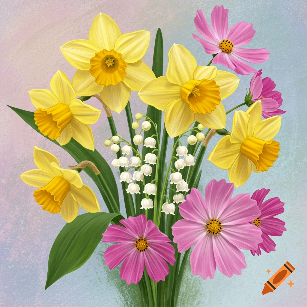 A bouquet of yellow daffodils, white lily of the valley, and pink cosmos flowers.