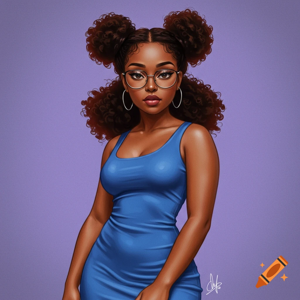 A Black woman with curly space buns, glasses, hoop earrings, and a blue dress.