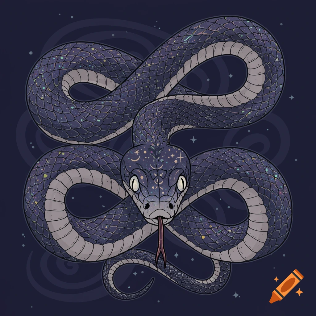 An illustration of a dark blue snake coiled into an infinity symbol, decorated with celestial symbols, against a starry dark blue background.