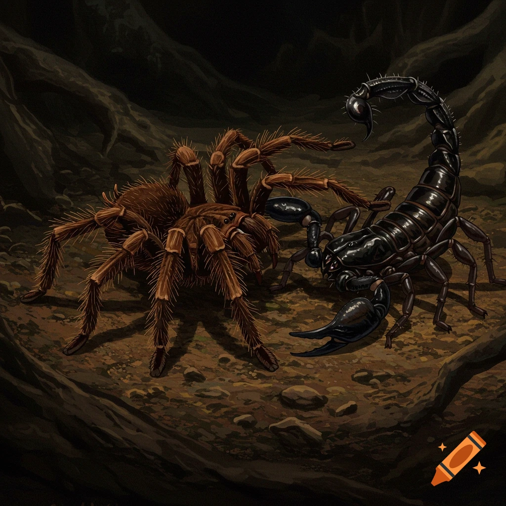 A tarantula and scorpion facing each other in a dark cave.