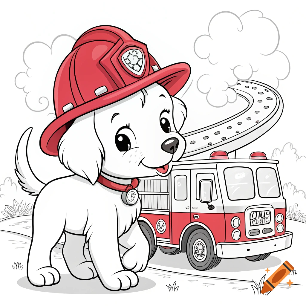 Cartoon puppy wearing firefighter hat next to fire truck, coloring page style