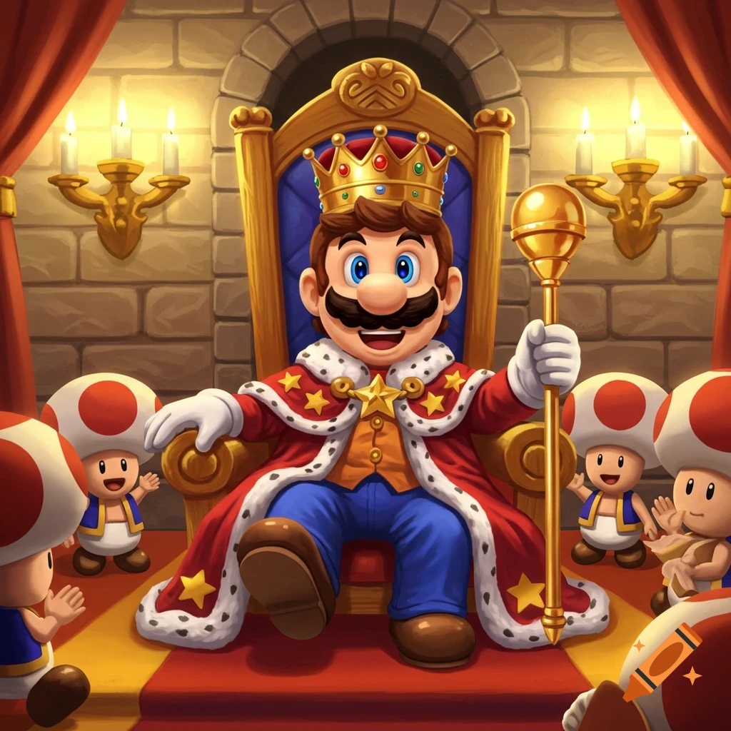 Mario sits on a golden throne wearing a king's cape and crown, holding a scepter, surrounded by Toads.