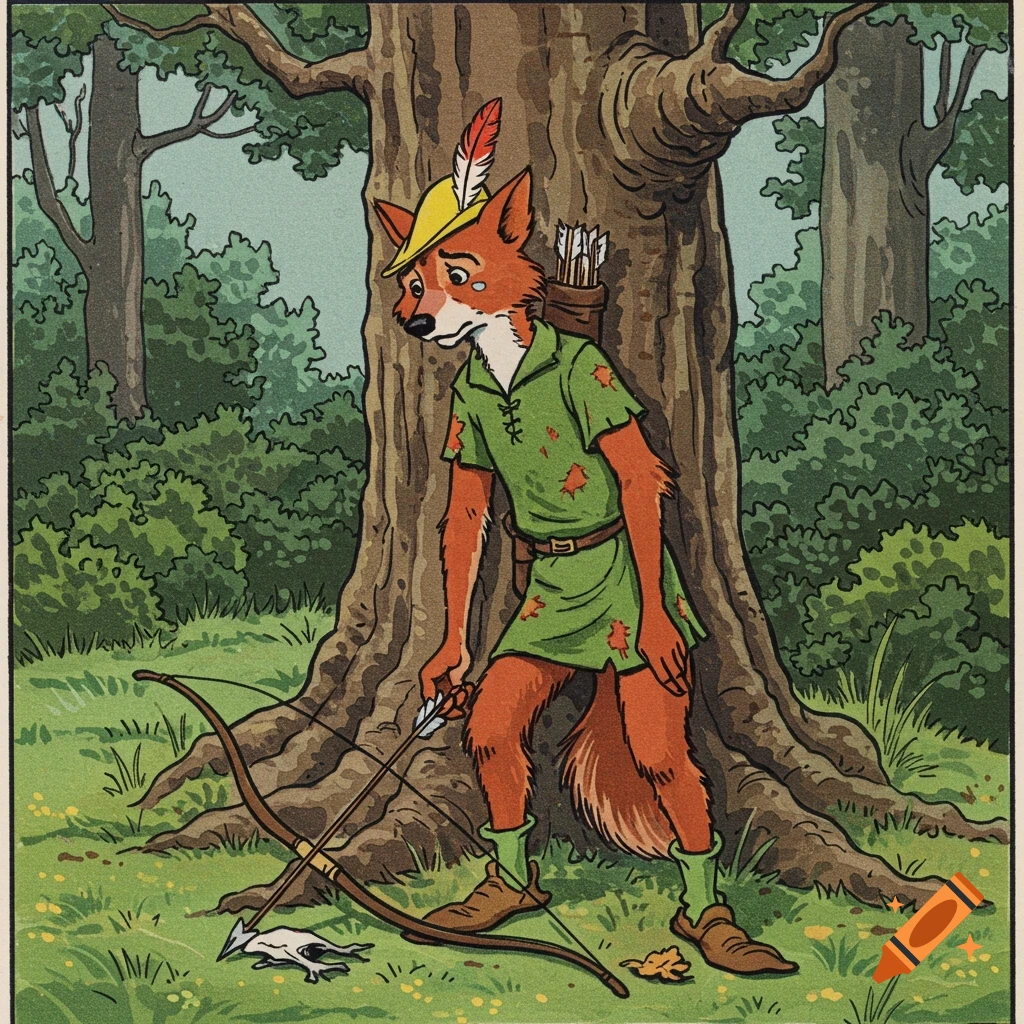 Vintage storybook illustration of a fox dressed as Robin Hood standing by a tree with a bow and arrow.