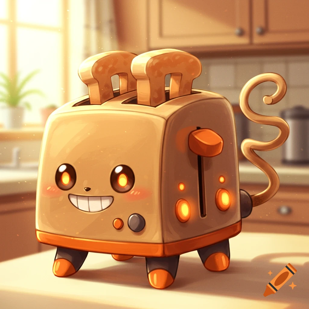 A cute cartoon character based on a toaster, resembling a Pokémon, standing in a kitchen with sunlight.