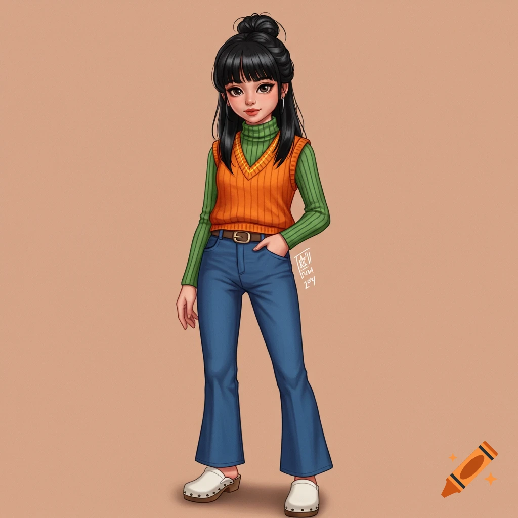 Stylized illustration of a young woman in a green turtleneck, orange sweater vest, blue bell-bottoms, and white clogs.
