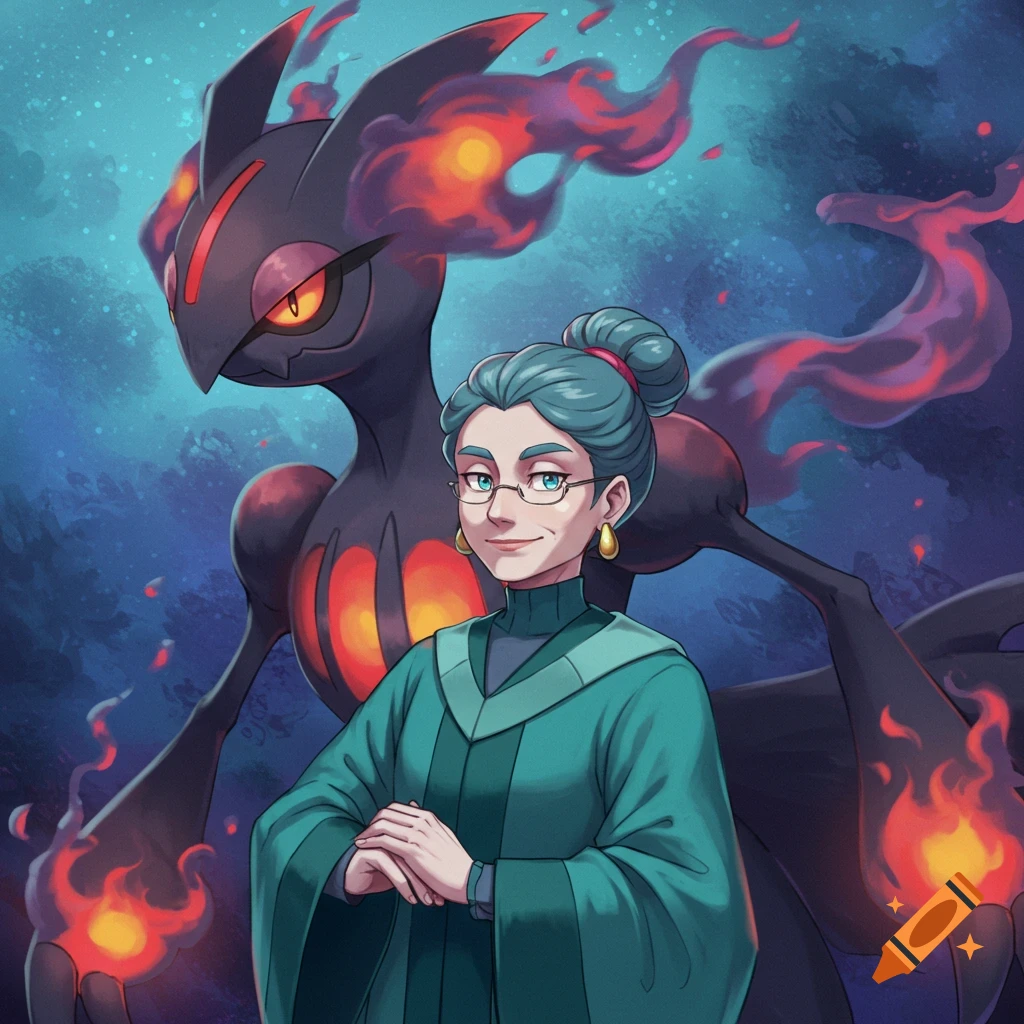 Woman standing next to the Pokemon Ceruledge.