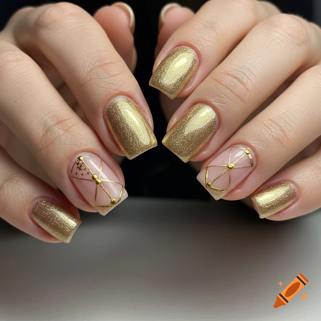 Hands with square gold manicured nails, some featuring geometric ...