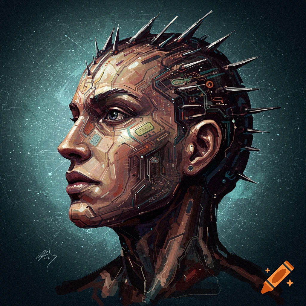 Head covered in circuit patterns and spikes in a sci-fi style.