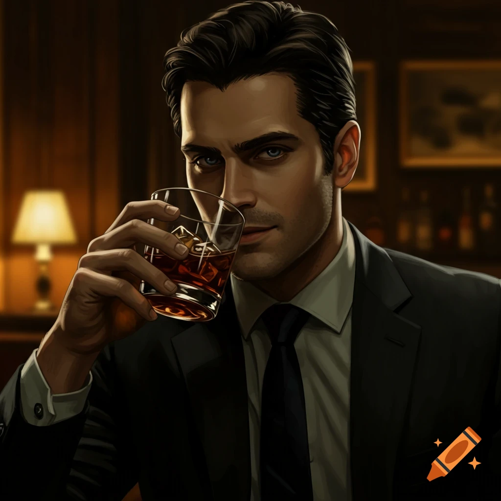 A man in a suit holds a glass of amber liquor.