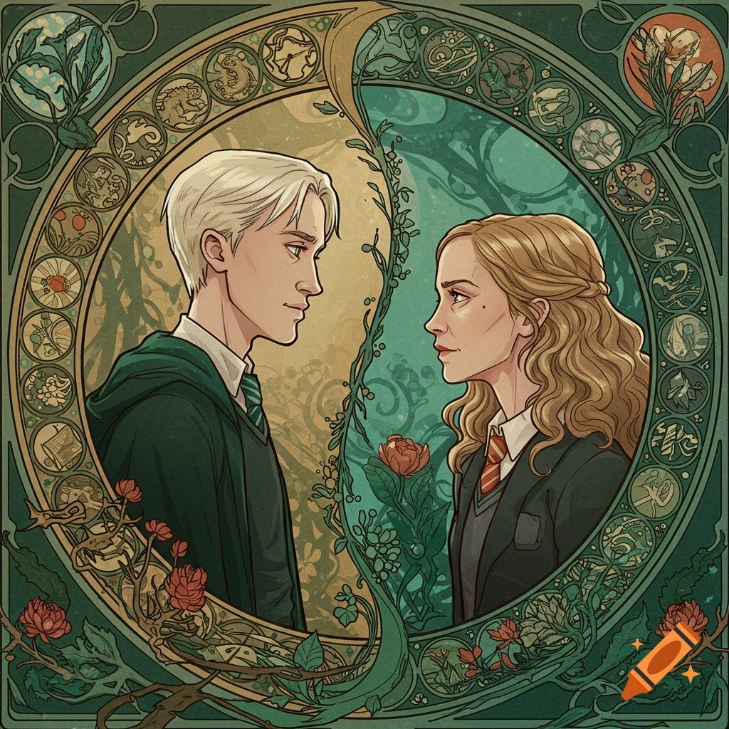 Art nouveau illustration of two young people facing each other in an ornate circular frame with botanical motifs.