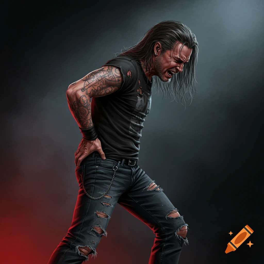 A heavy metal rocker clutching his back in pain.