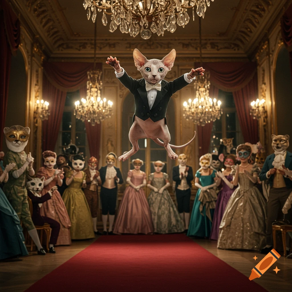 A hairless cat in a tuxedo leaps mid-air in a fancy ballroom filled with masked figures.