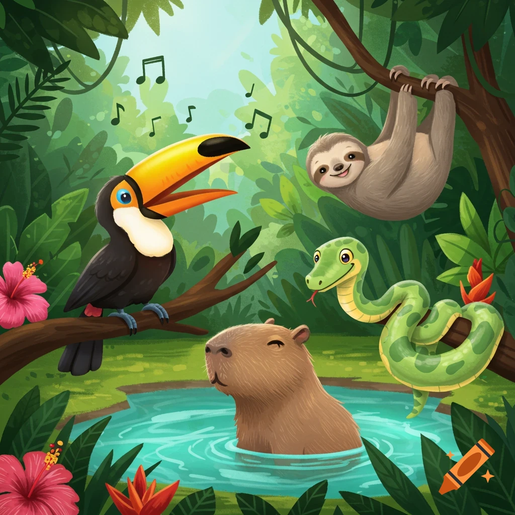 A cartoon illustration of happy jungle animals (toucan, sloth, capybara, snake) in a pool surrounded by plants, with musical notes.