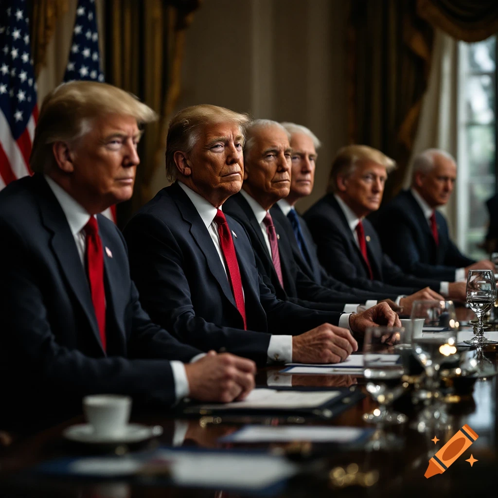 Several men in suits, including US presidents, sit around a table with US flags behind them.