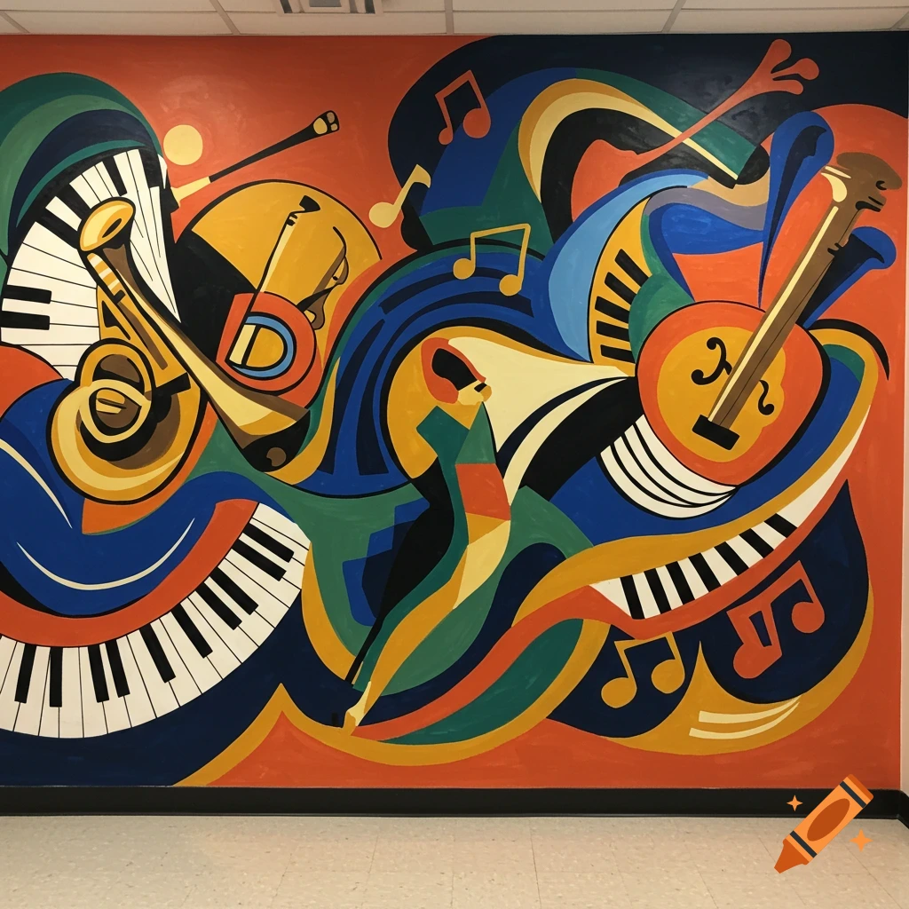 Colorful abstract mural with piano keys, brass instruments, guitar, and music notes