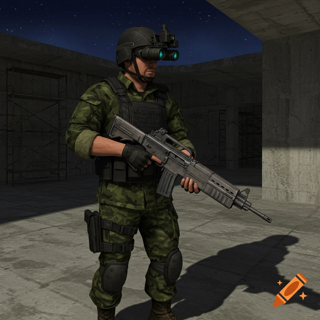 A tactical shooter character in a 1990s-style game render, holding a rifle and wearing night vision goggles.