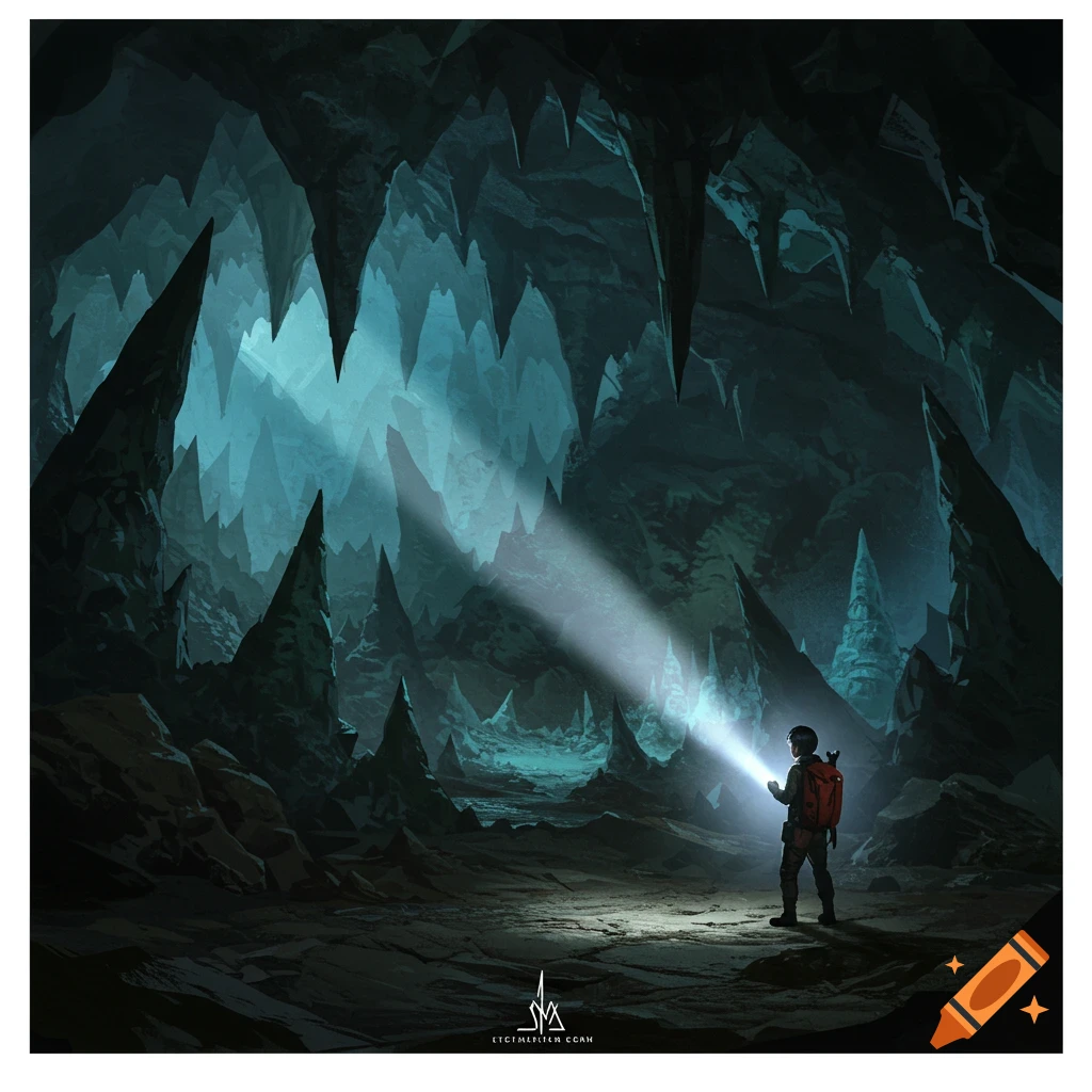 A person with a flashlight explores a vast, dark cave filled with sharp stalactites and stalagmites.