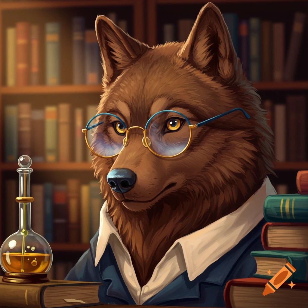 A scholarly wolf wearing glasses is in a library.