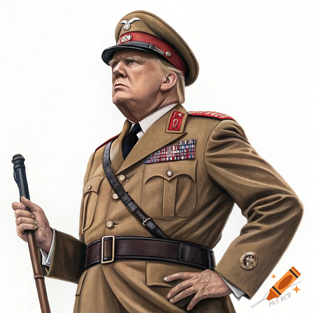 Illustration of Donald Trump in a military uniform, holding a staff.