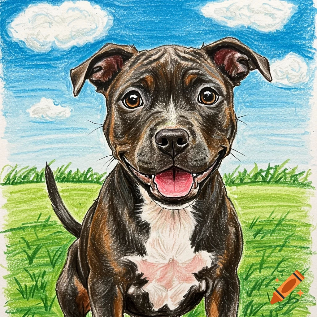 Crayon drawing of a happy pit bull puppy sitting in grass under a blue sky with clouds.