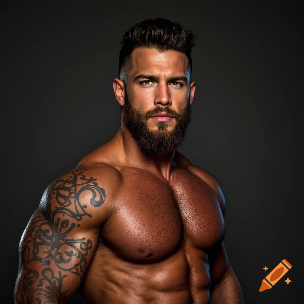 Muscular man with beard and arm tattoo posing for a portrait