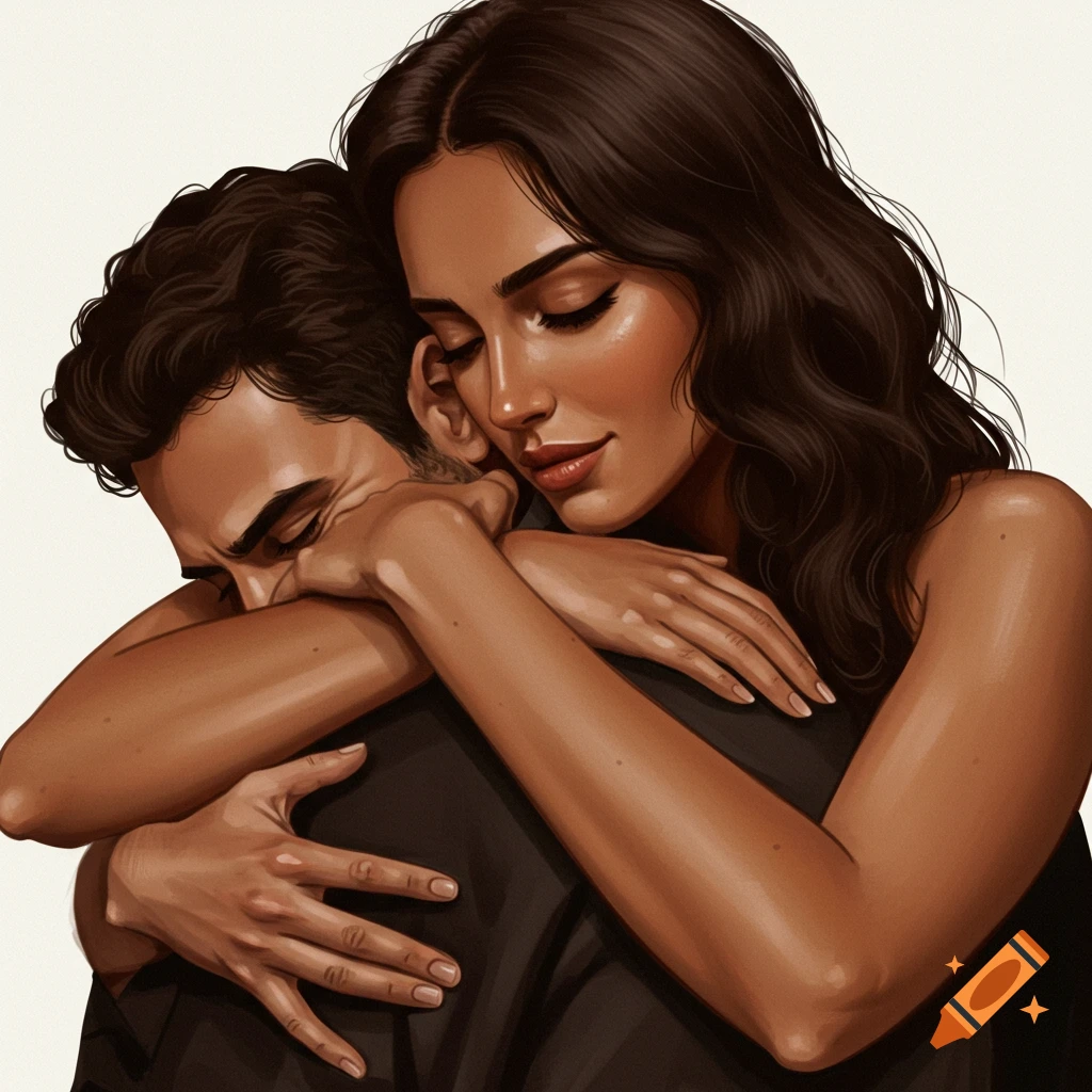 A man and woman embracing.