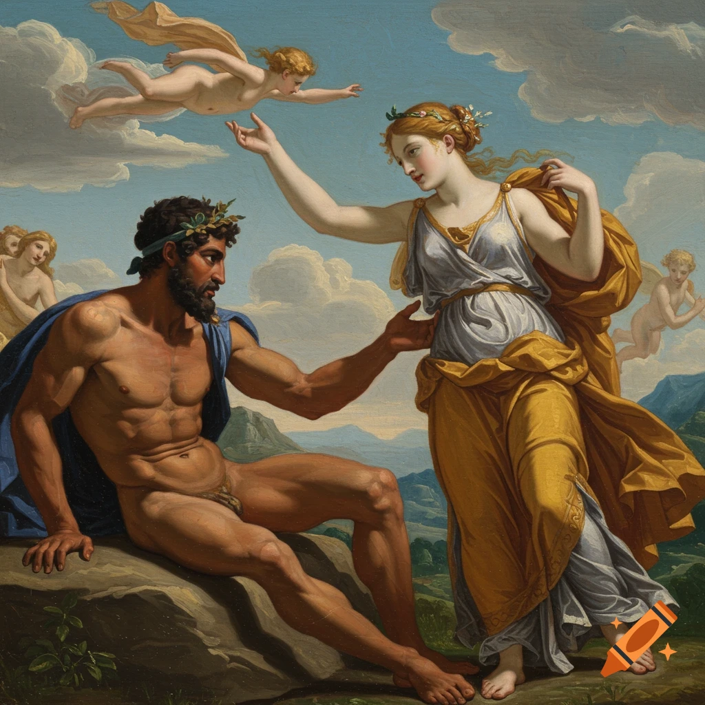 Painting of a muscular man and a woman in classical attire in a landscape with cherubs, in the style of old art.