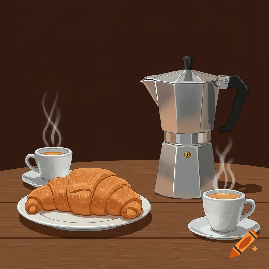Vector illustration of an Italian breakfast table with a croissant, steaming coffee cups, and a moka pot.