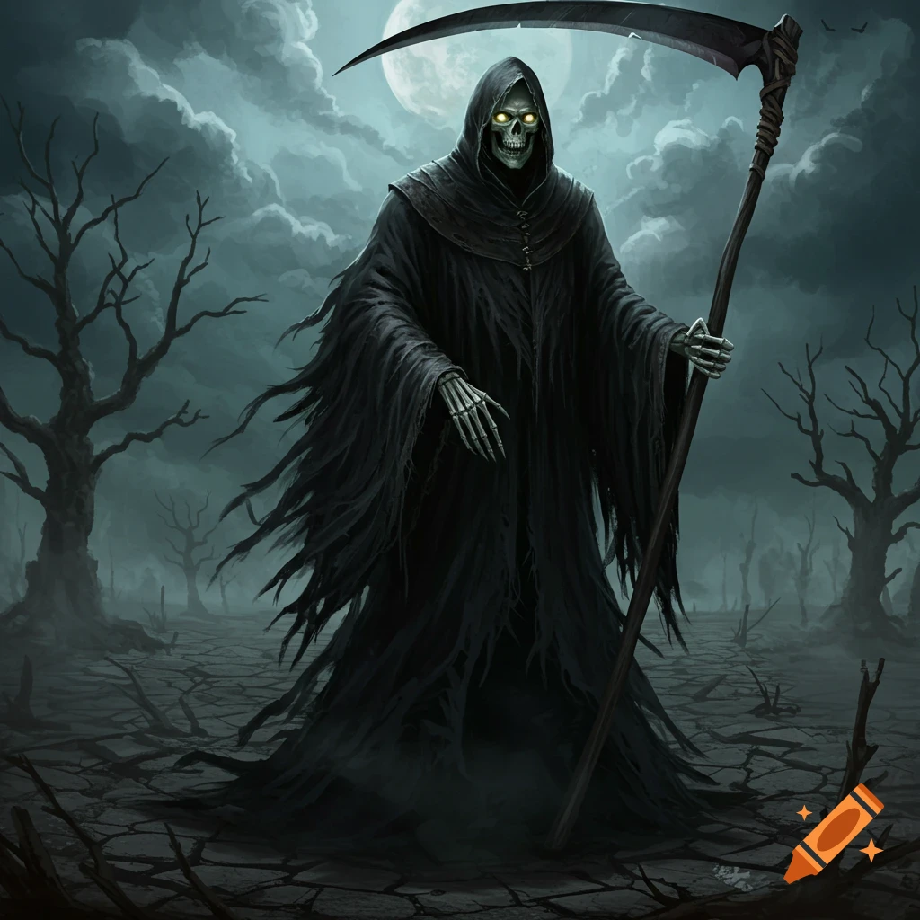 A grim reaper standing in a barren landscape under a full moon.