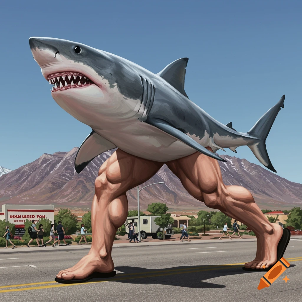 A shark with muscular human legs walks on a street in a town with mountains.